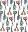 Seamless pattern with cartoon color scissors on white background. Secateurs and nippers. Sewing, gardening and hairdressing