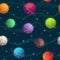 Seamless pattern with cartoon colorful fantasy planets
