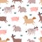 Seamless pattern with cartoon cow, pig, sheep, horse, deer. Flat colorful vector for kids. hand drawing. animals.