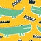 Seamless pattern with cartoon crocodiles, decor elements on a neutral background. colorful vector for kids, flat style. hand drawi