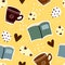 Seamless pattern with cartoon cups with coffee, books, stars, hearts, decor elements. Vector flat style illustration. hand drawin