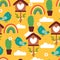 Seamless pattern cartoon cute bird with plant, bird house, rainbow, bright sky in yellow background. cute wallpaper for textile