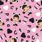 Seamless pattern cartoon with cute panda girls on pink background suitable for kid wallpaper