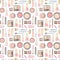 Seamless pattern with cartoon different packages for decorative cosmetics