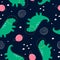 seamless pattern with cartoon dinosaurs in space. Colorful vector for kids  flat style  hand drawing.
