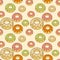 Seamless pattern , Cartoon donuts . Hand drawn delicious dessert, a small treat. Cute vector background