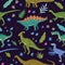 Seamless pattern with cartoon doodle dinosaurs and nature elements, rocks, leaves and stars. Adorable children design.