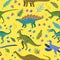 Seamless pattern with cartoon doodle dinosaurs and nature elements, rocks, leaves and stars. Adorable children design.