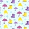 Seamless pattern in cartoon doodle style with umbrellas, rainy hat, drops, yellow and pink rain boots