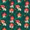 Seamless pattern with cartoon fairy tale porcini house on a liana with lanterns for fairies and gnomes on green background.