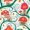 Seamless pattern with cartoon fairy tale porcini house on a liana with lanterns for fairies and gnomes on a white background.