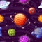 Seamless pattern with cartoon fantasy planets. Space background