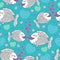 Seamless pattern with cartoon fishes, pink bubbles like heart and hearts on the turquoise background.