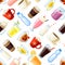 Seamless pattern with cartoon food: non-alcoholic beverages