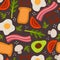 Seamless pattern with cartoon fried eggs, bacon, toast, tomato,  decor elements on a neutral background. colorful vector. hand dra