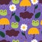 Seamless pattern cartoon frog, umbrella, flowers with purple sky. cute animal wallpaper for gift wrap paper