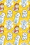 Seamless pattern with cartoon funny samoyed dogs on yellow background. Cute cartoon puppies vector background
