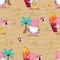 Seamless pattern with cartoon gnome playing ball, drinking cocktail and eating ice cream on the beach among palm trees and