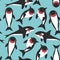 Seamless pattern Cartoon grampus orca, killer whale, sea wolf Kawaii with pink cheeks and positive smiling on blue sea ocean backg