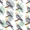 Seamless pattern with cartoon grey cockatiels sitting on branches. Flat little colorful exotic Australian love parrots