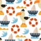 Seamless pattern with cartoon gull, ship,  decor elements. colorful vector, flat style.