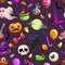 Seamless pattern with cartoon Halloween attributes. Colorful Helloween print with scary holiday items.