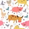 Seamless pattern with cartoon horses, cows, pigs, birds, decor elements. flat vector style. hand drawing. nature theme.