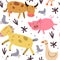 Seamless pattern with cartoon horses, cows, pigs, birds, decor elements. flat vector style. hand drawing. nature theme.