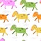 Seamless pattern with cartoon horses, decor elements. flat vector style. hand drawing for children. nature theme.