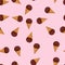 seamless pattern with cartoon ice cream. Delicious sweets. waffle cone, and chocolate ice cream. pink background