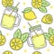 Seamless pattern with cartoon lemons and a glass jar with lemonade