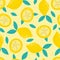 Seamless pattern with cartoon lemons, leaves, decor elements on a neutral background. vector flat style. hand drawing.