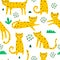 Seamless pattern with cartoon leopards, decor elements. flat vector animals. Hand drawing for children. wild life.