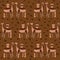 Seamless pattern with cartoon llamas and coffee grains. Brown background. Funny animals hold paper cups of coffee on their backs.