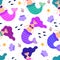 Seamless pattern with cartoon mermaids, shells, fish, starfish, decor elements. flat style vector. Hand drawing for kids. sea worl