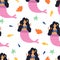 Seamless pattern with cartoon mermaids, shells, fish, starfish. flat style vector. Hand drawing for kids. sea world.