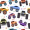 Seamless pattern with cartoon monster trucks for boy. Extreme racing heavy cars with big tires. Toys monster truck for