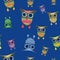 Seamless pattern with cartoon multicolored owls on blue background. Kids wallpaper, stationery, packaging, print, textile, design.