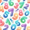 Seamless pattern with cartoon numbers and fireworks. Rainbow candy and glossy funny cartoon symbols. Different