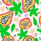 Seamless pattern with cartoon with papaya, leaves, decor elements. colorful vector. hand drawing, flat style.