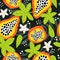 Seamless pattern with cartoon with papaya, leaves, decor elements on a neutral background. colorful vector. hand drawing, flat sty