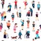 Seamless pattern with cartoon people walking on street. Crowd of male and female tiny characters.