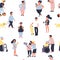 Seamless pattern with cartoon people walking on street. Crowd of male and female tiny characters. Colorful seamless