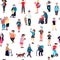 Seamless pattern with cartoon people walking on street. Crowd of male and female tiny characters. Colorful vector
