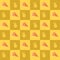 Seamless pattern cartoon pizza on yellow square. Cute food in checkered pattern warm tone. Illustration abstract background. Flat