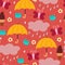 Seamless pattern cartoon rain and sky with frog and butterfly. cute pink wallpaper for kids, gift wrap paper