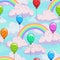 Seamless pattern with cartoon rainbows on the cloudy sky
