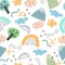 Seamless pattern with cartoon rainbows, trees, clouds, mountains, decor elements. Colorful vector, flat style. Hand drawing for ki