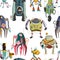 Seamless pattern with cartoon robots characters set. Technology, future. Artificial intelligence design concept. Isolated on white