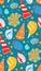 Seamless pattern with cartoon seashells with sand and doodle ornament on blue background. Flat texture with ocean inhabitants